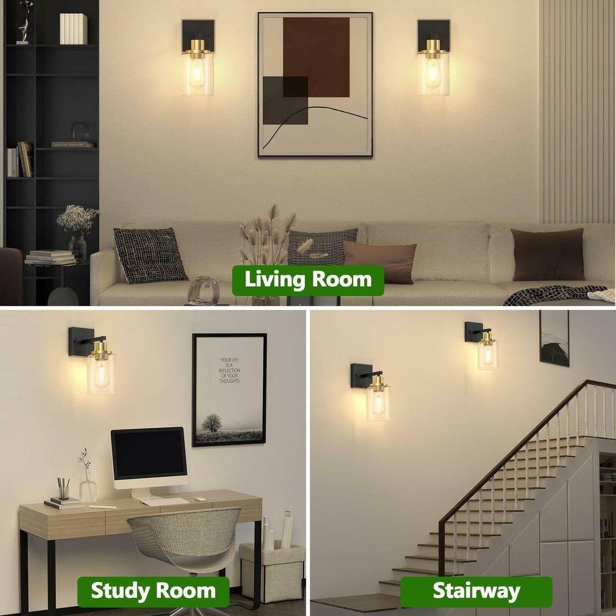 Set of 2 Licperron Black and Gold Wall Sconces with Clear Glass Shade, Matte