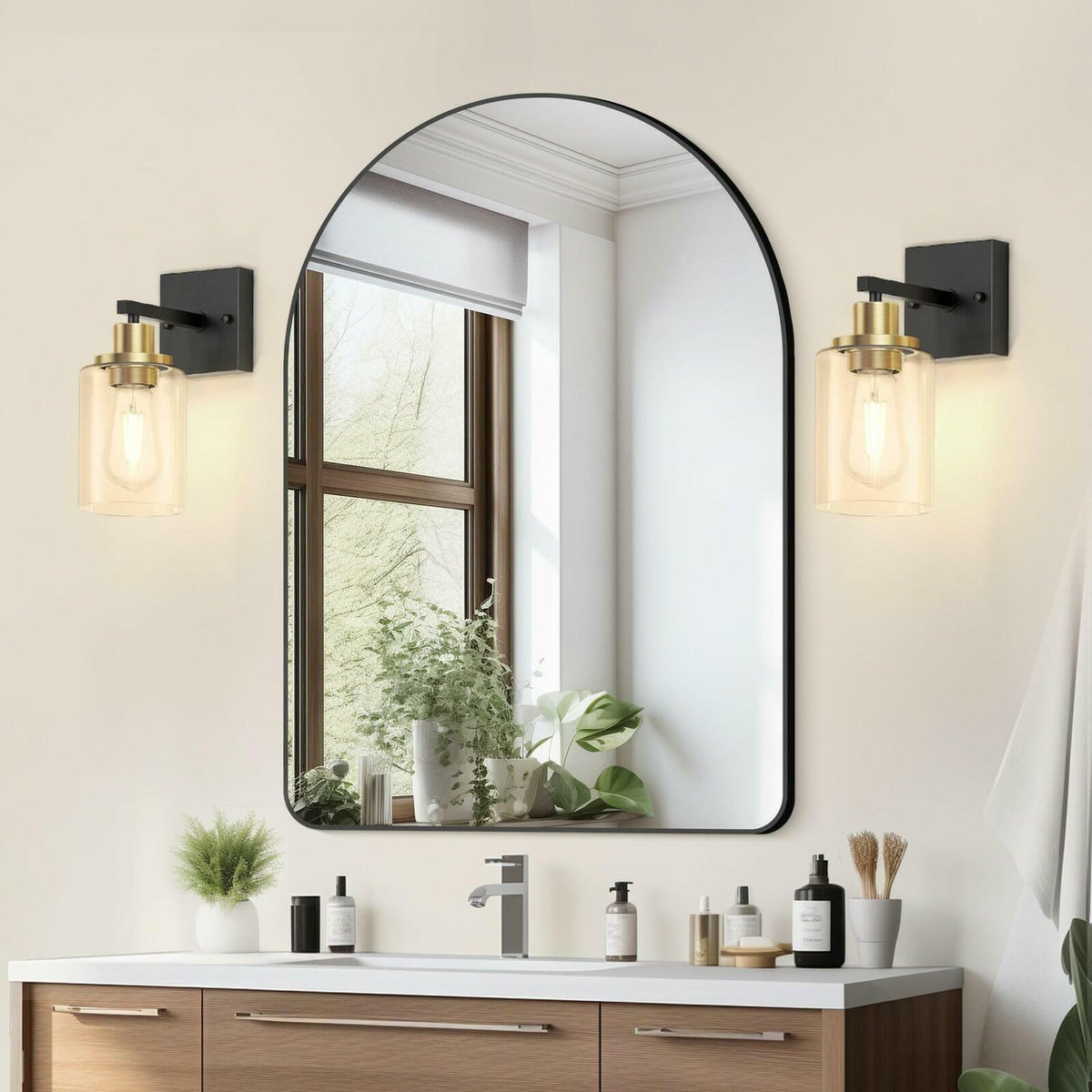 Set of 2 Licperron Black and Gold Wall Sconces with Clear Glass Shade, Matte