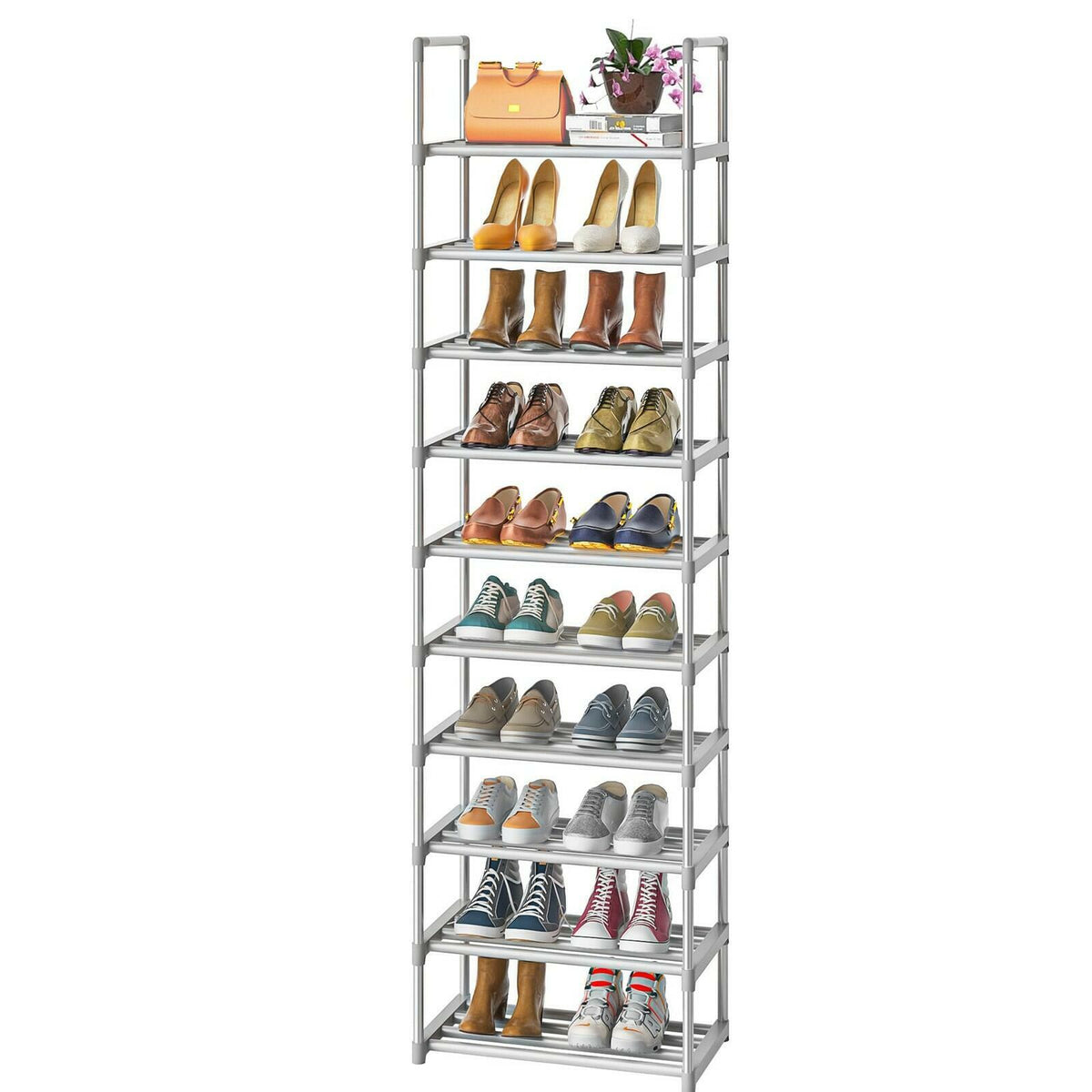 OYREL 10-Tier Metal Shoe Rack, Narrow Shoe Rack Organizer, Sturdy Shoe Shelf for