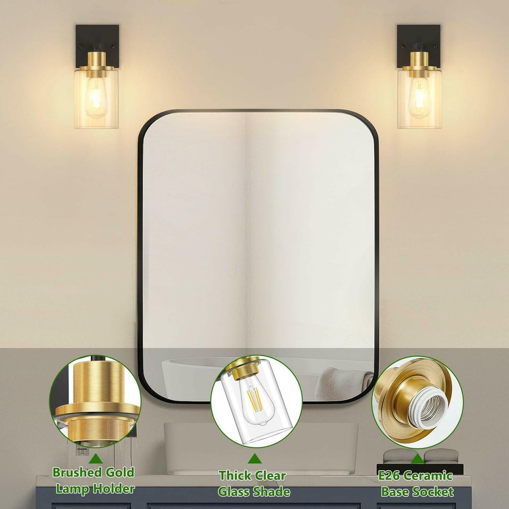 Set of 2 Licperron Black and Gold Wall Sconces with Clear Glass Shade, Matte