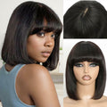 REMESSE Short Bob Wig with Bangs Human Hair Glueless 180% Density Middle Part