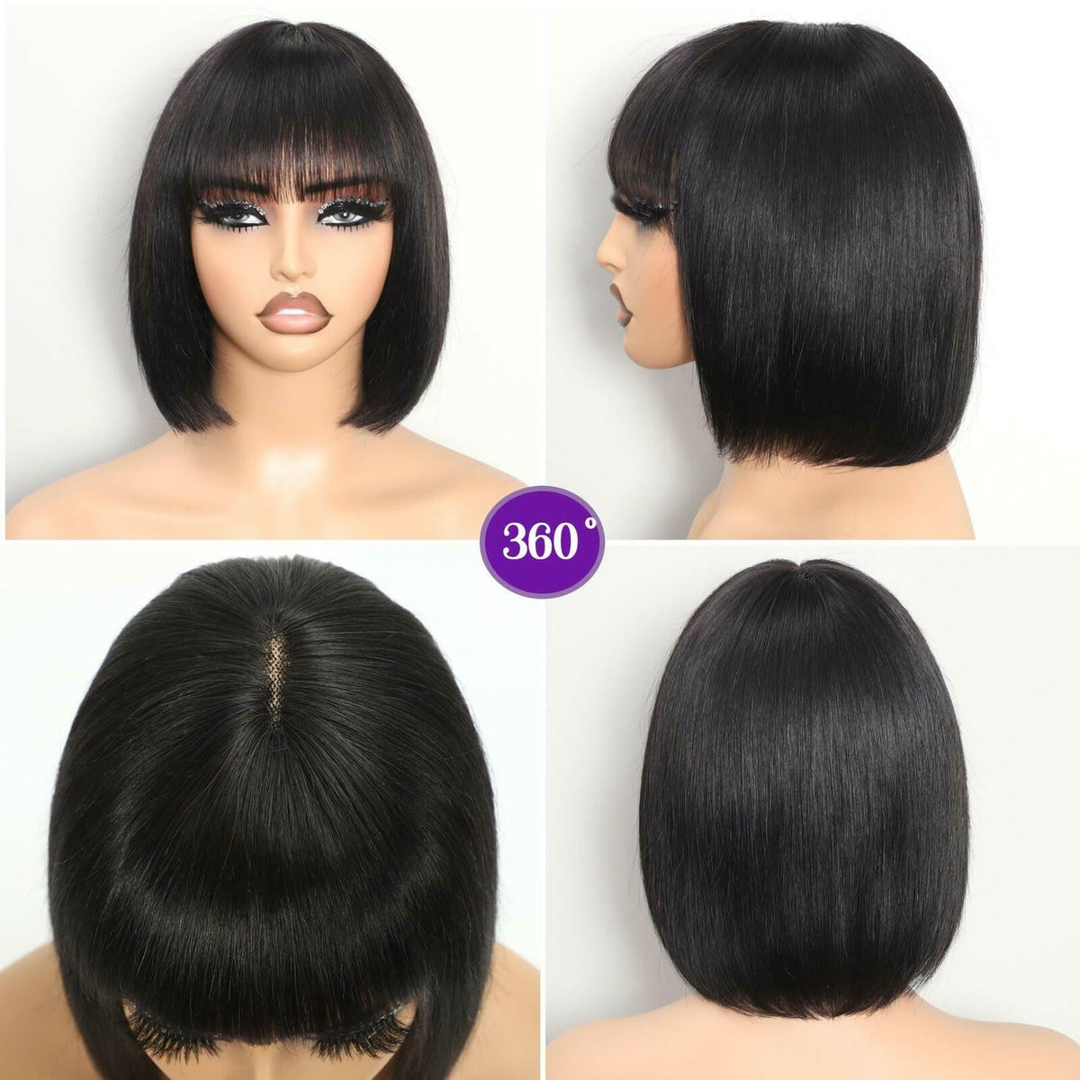 REMESSE Short Bob Wig with Bangs Human Hair Glueless 180% Density Middle Part