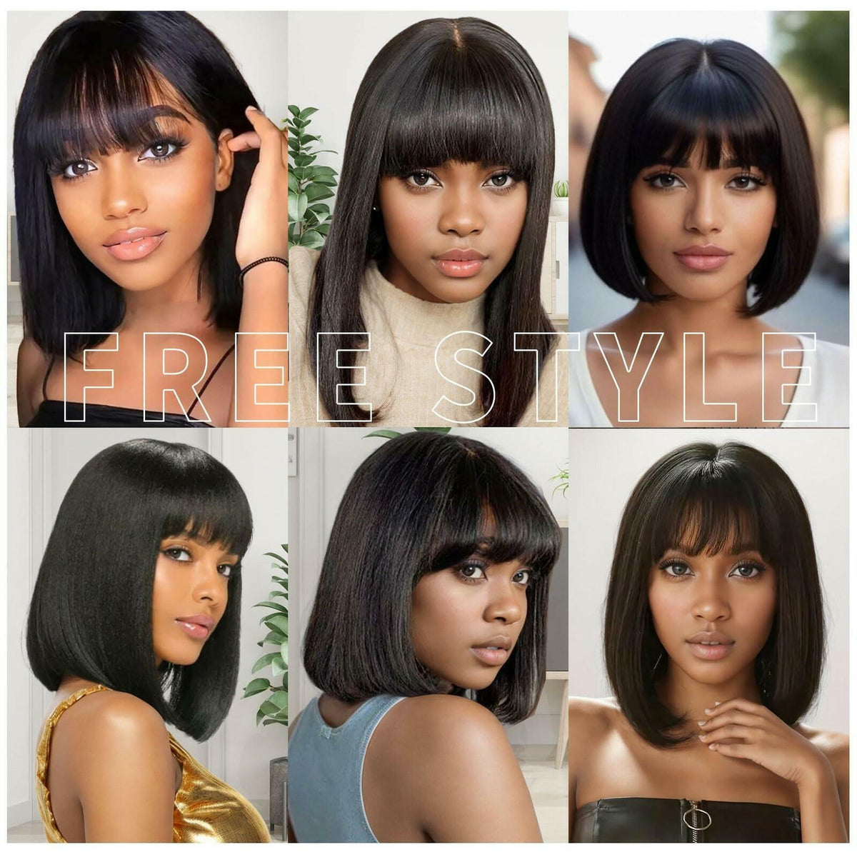 REMESSE Short Bob Wig with Bangs Human Hair Glueless 180% Density Middle Part