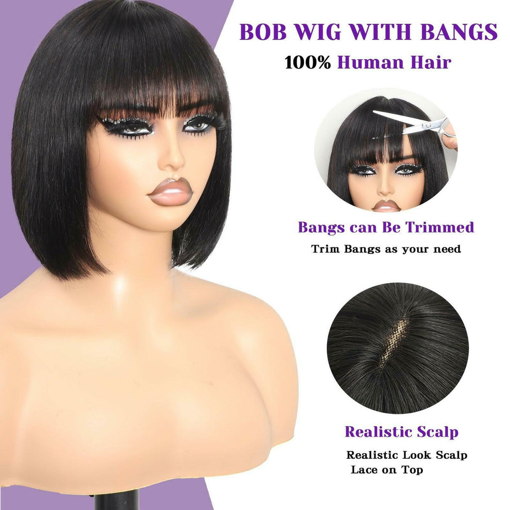 REMESSE Short Bob Wig with Bangs Human Hair Glueless 180% Density Middle Part