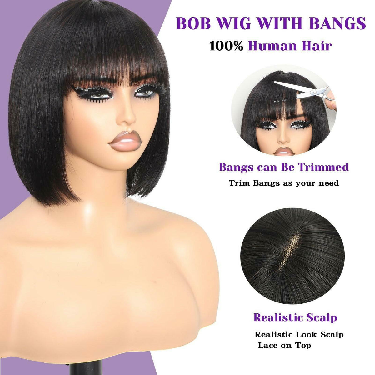 REMESSE Short Bob Wig with Bangs Human Hair Glueless 180% Density Middle Part