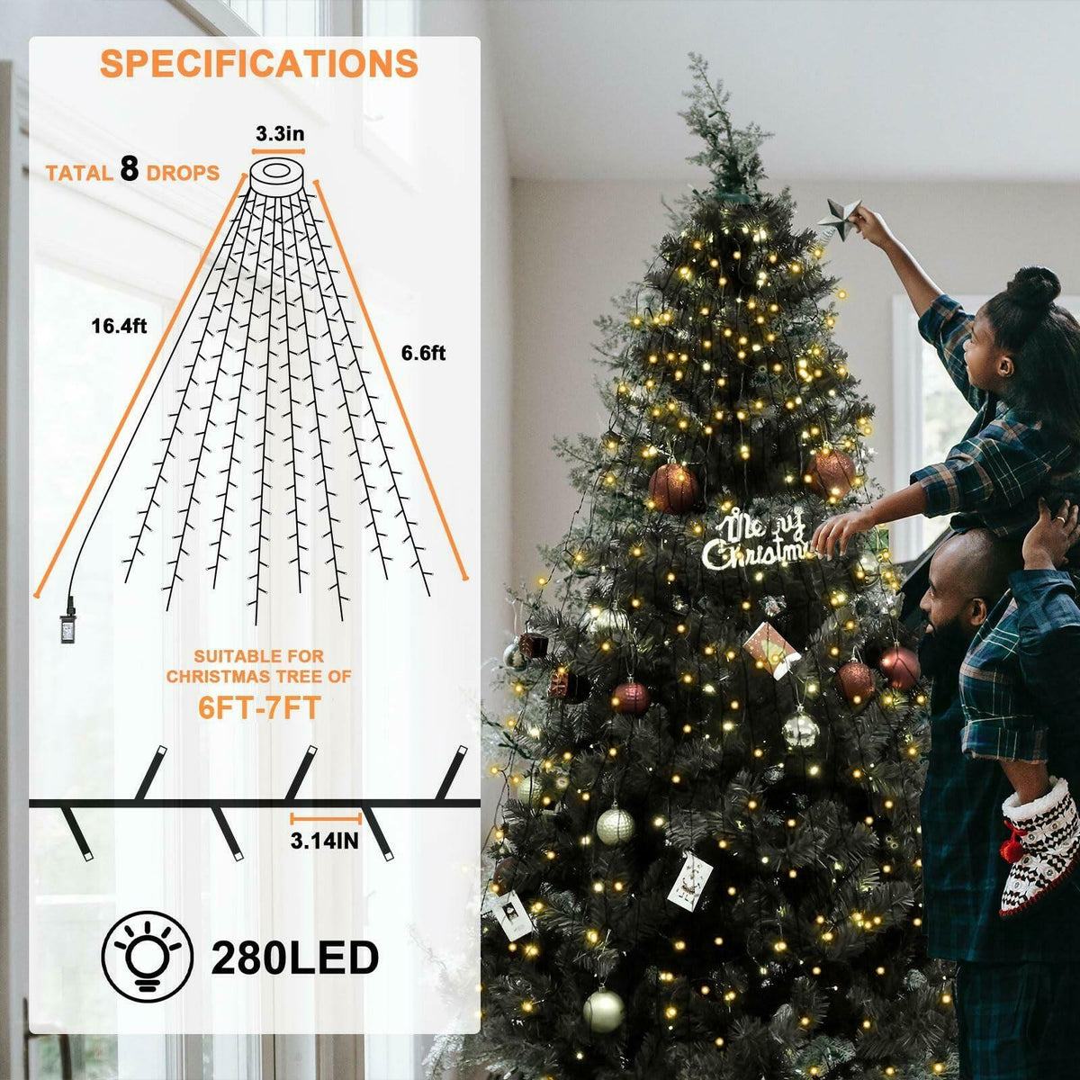 BOLWEO Christmas Tree Lights, 280LED Christmas Lights for Tree 8 Modesfor