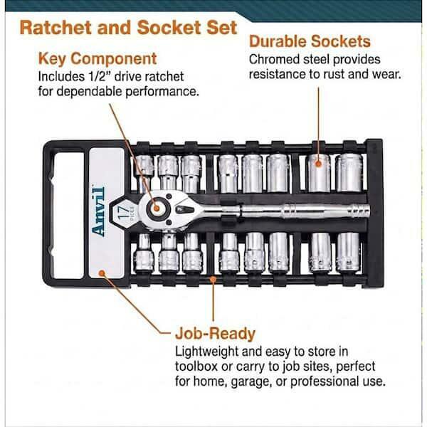 Anvil 17-Piece 1/2 in. Drive Ratchet and Socket Set